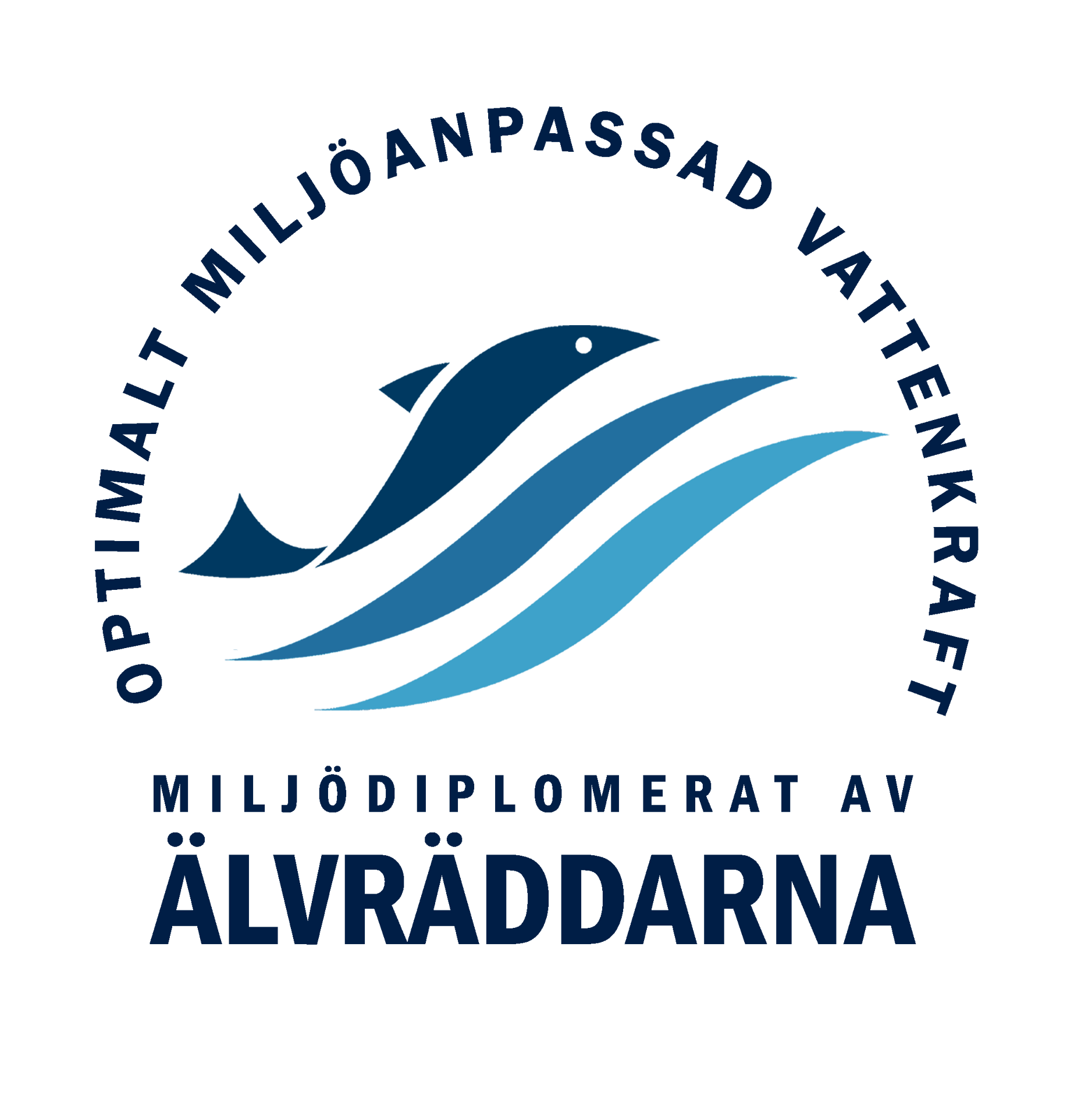 Logotyp för Älvräddarnas miljödiplom med texten Optimalt miljöanpassad vattenkraft miljödiploomerat av Älvräddarna